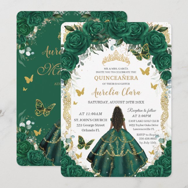 Invitación Quinceañera Emerald Green Floral Brown Princess  (Anverso / Reverso)