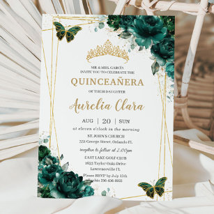 Invitación Quinceañera Emerald Green Floral Butterflies Tiara