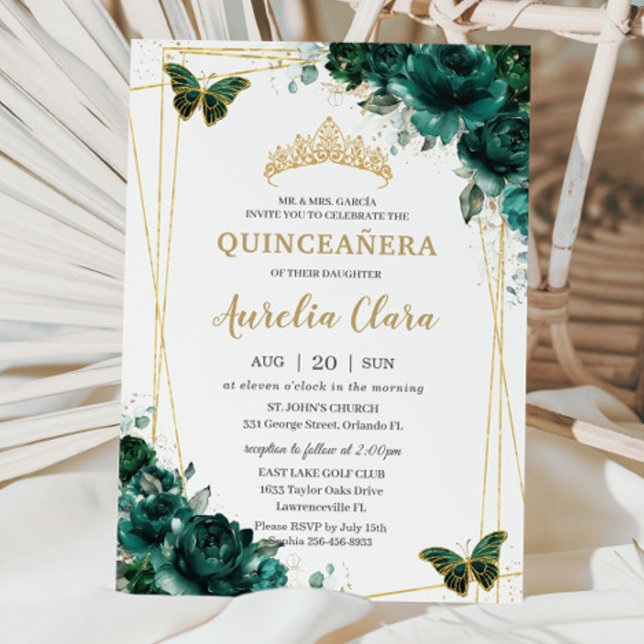 Invitación Quinceañera Emerald Green Floral Butterflies Tiara (Subido por el creador)