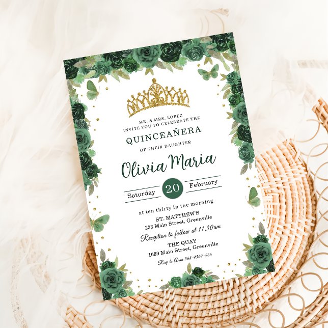 Invitación Quinceañera Emerald Green Floral Butterflies Tiara (Subido por el creador)