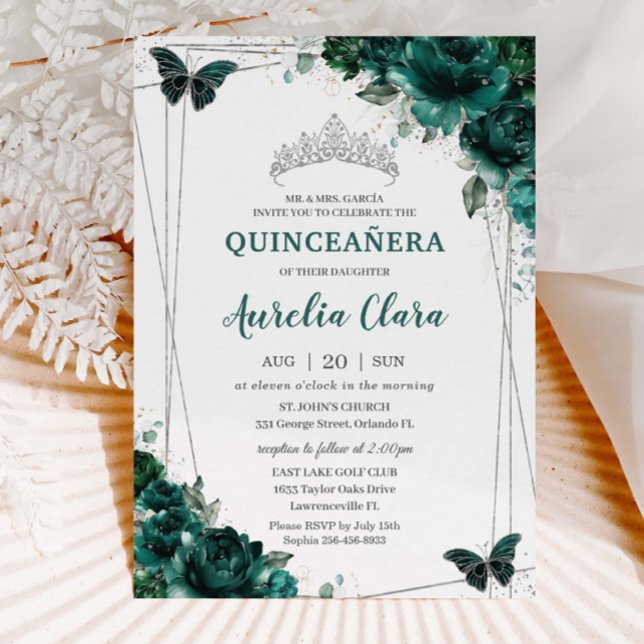 Invitación Quinceañera Emerald Green Floral Butterflies Tiara (Subido por el creador)