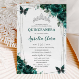 Invitación Quinceañera Emerald Green Floral Butterflies Tiara
