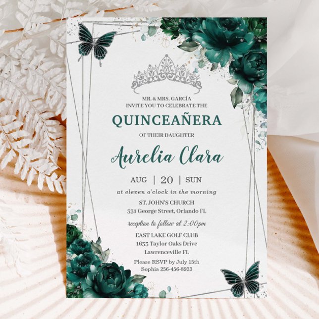 Invitación Quinceañera Emerald Green Floral Butterflies Tiara (Subido por el creador)