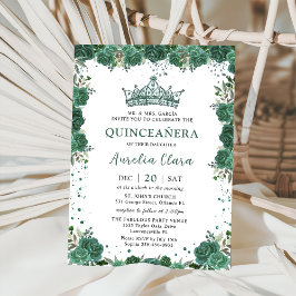 Invitación Quinceañera Emerald Green Floral Crown Cumpleaños