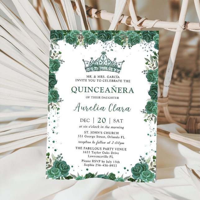 Invitación Quinceañera Emerald Green Floral Crown Cumpleaños (Subido por el creador)