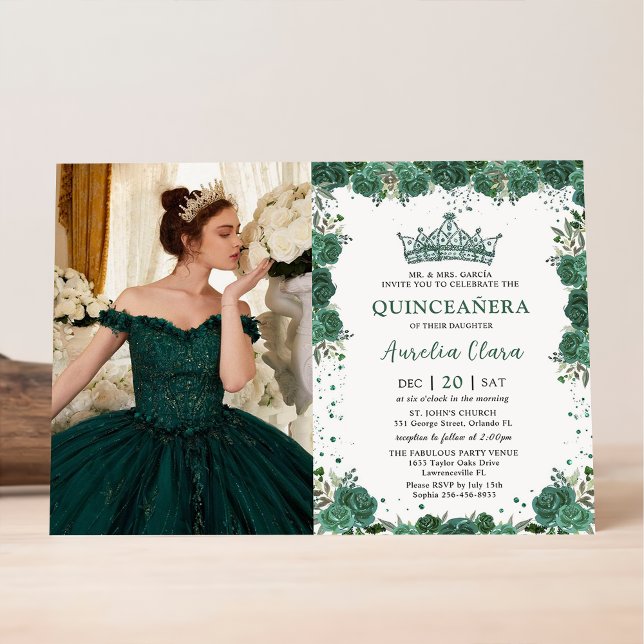 Invitación Quinceañera Emerald Green Floral Crown Cumpleaños (Subido por el creador)