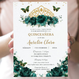 Invitación Quinceañera Emerald Green Floral Crown Español