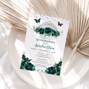 Invitación Quinceañera Emerald Green Floral Crown Español