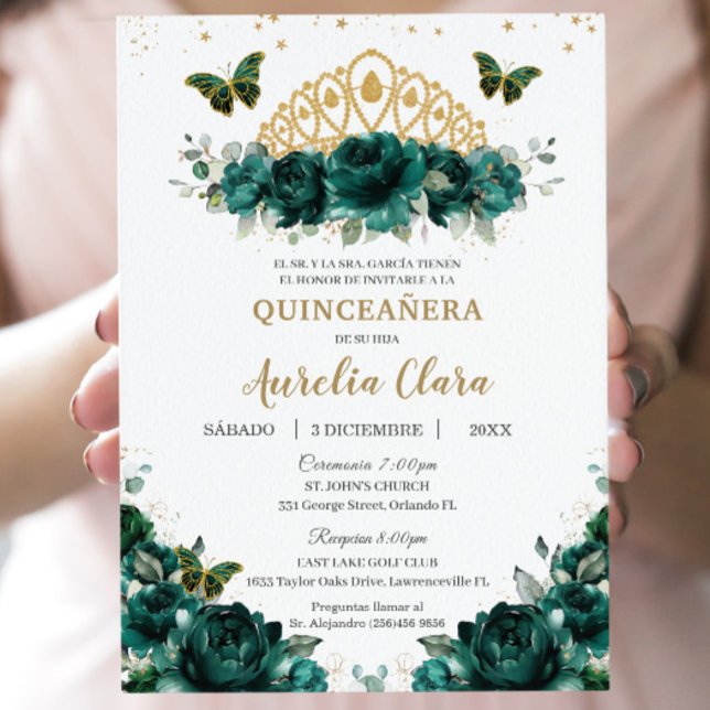 Invitación Quinceañera Emerald Green Floral Crown Español (Subido por el creador)