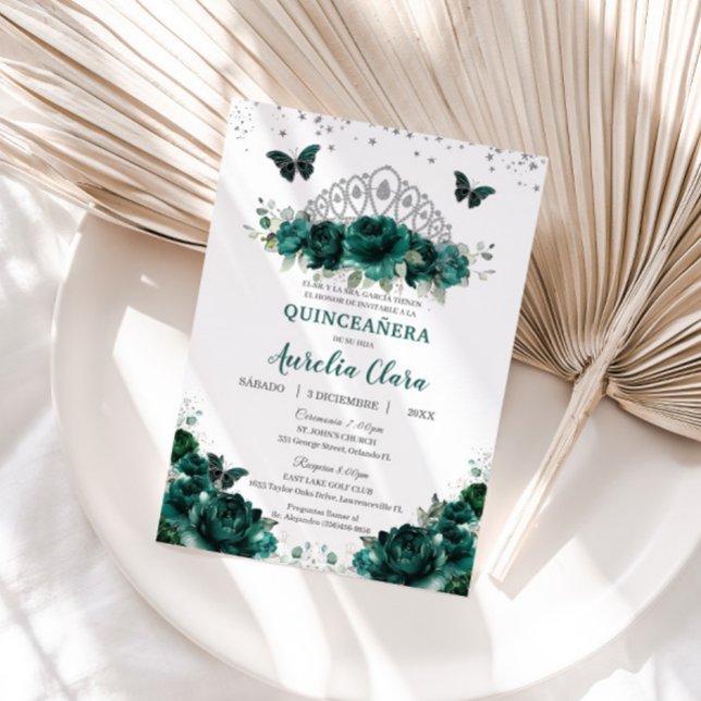 Invitación Quinceañera Emerald Green Floral Crown Español (Subido por el creador)
