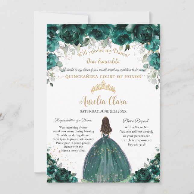 Invitación Quinceañera Emerald Green Floral Dama Request (Anverso)