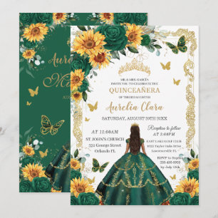 Invitación Quinceañera Emerald Green Floral Gold