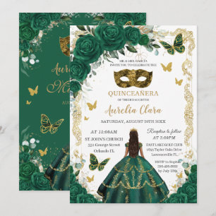 Invitación Quinceañera Emerald Green Floral Gold Masquerade