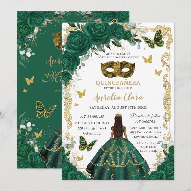 Invitación Quinceañera Emerald Green Floral Gold Masquerade (Anverso / Reverso)