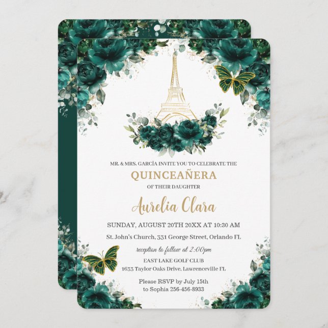 Invitación Quinceañera Emerald Green Floral Paris Butterflies (Anverso / Reverso)