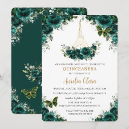 Invitación Quinceañera Emerald Green Floral Paris Butterflies