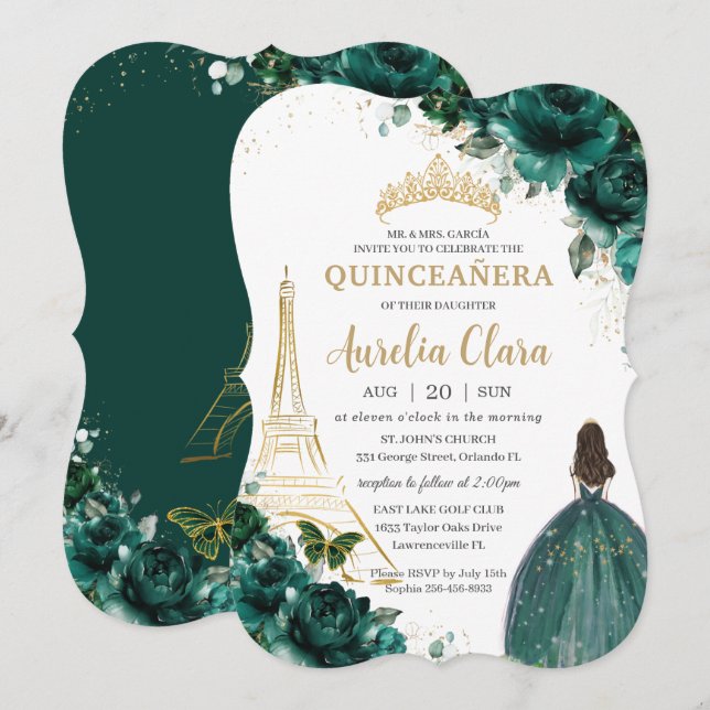 Invitación Quinceañera Emerald Green Floral Paris Gold Crown (Anverso / Reverso)