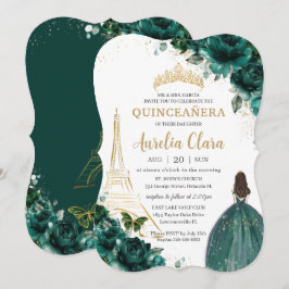 Invitación Quinceañera Emerald Green Floral Paris Gold Crown