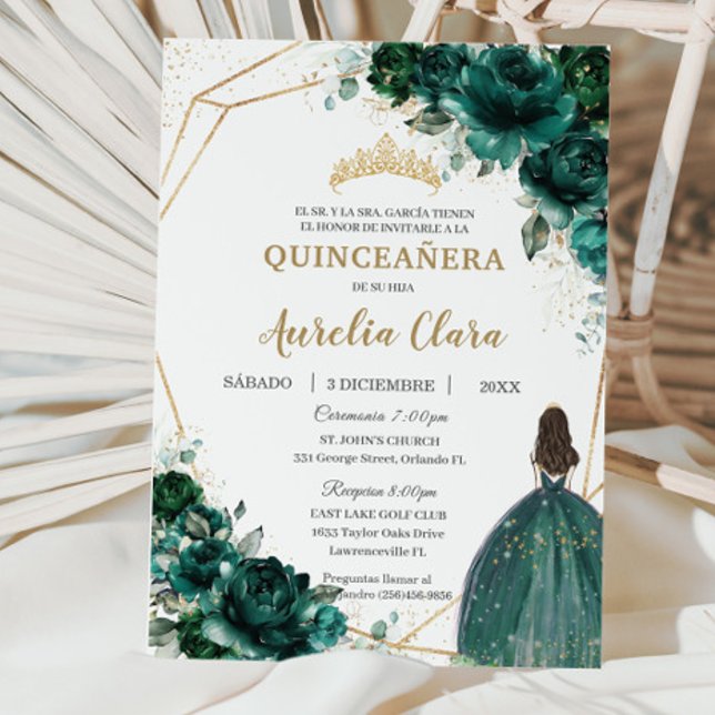 Invitación Quinceañera Emerald Green Floral Princesa Español (Subido por el creador)