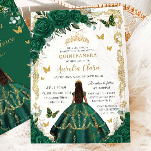 Invitación Quinceañera Emerald Green Floral Princess Gold