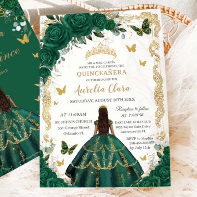 Invitación Quinceañera Emerald Green Floral Princess Gold (Subido por el creador)