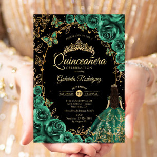 Invitación Quinceanera Emerald Green Gold Black