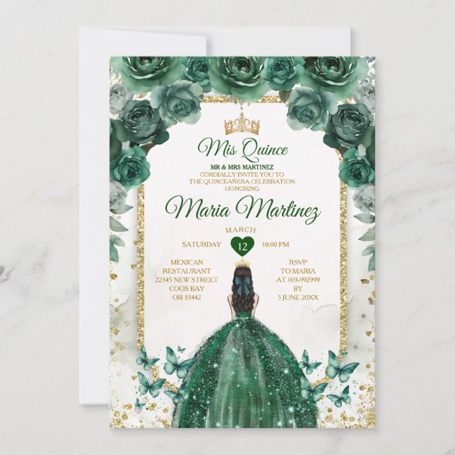 Invitación Quinceañera Emerald Green & Gold Crown Cumpleaños (Anverso)