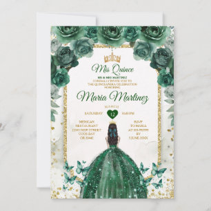 Invitación Quinceañera Emerald Green & Gold Crown Cumpleaños