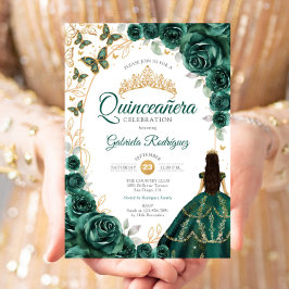 Invitación Quinceanera Emerald Green Gold Floral