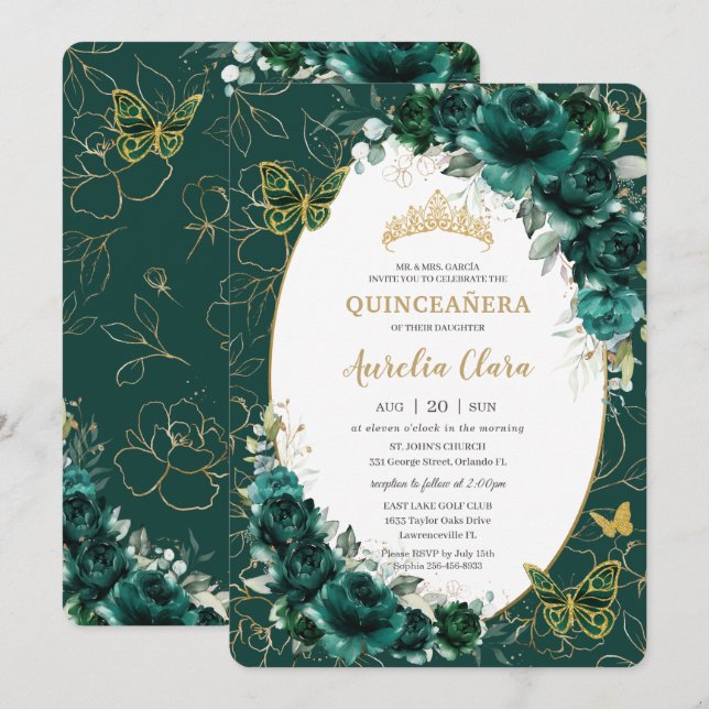 Invitación Quinceañera Emerald Green Gold Floral Butterflies (Anverso / Reverso)