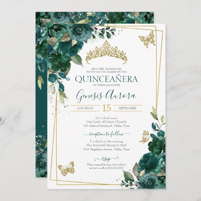 Invitación Quinceañera Emerald Green Gold Floral Butterfly (Anverso / Reverso)
