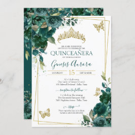 Invitación Quinceañera Emerald Green Gold Floral Butterfly