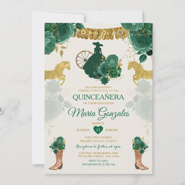 Invitación Quinceañera Emerald Green México 16ª Mariposa (Anverso)