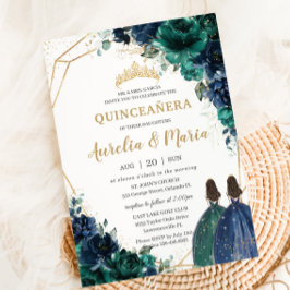 Invitación Quinceañera Emerald Green Navy Gemelos Florales Az