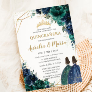 Invitación Quinceañera Emerald Green Navy Gemelos Florales Az