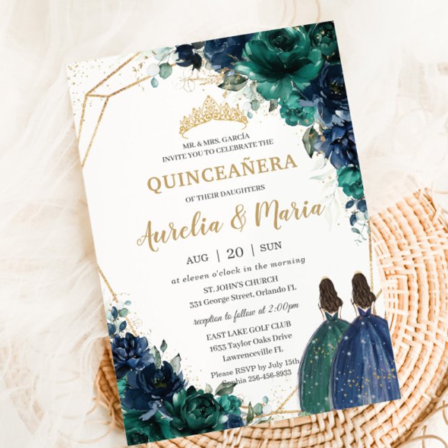 Invitación Quinceañera Emerald Green Navy Gemelos Florales Az (Subido por el creador)