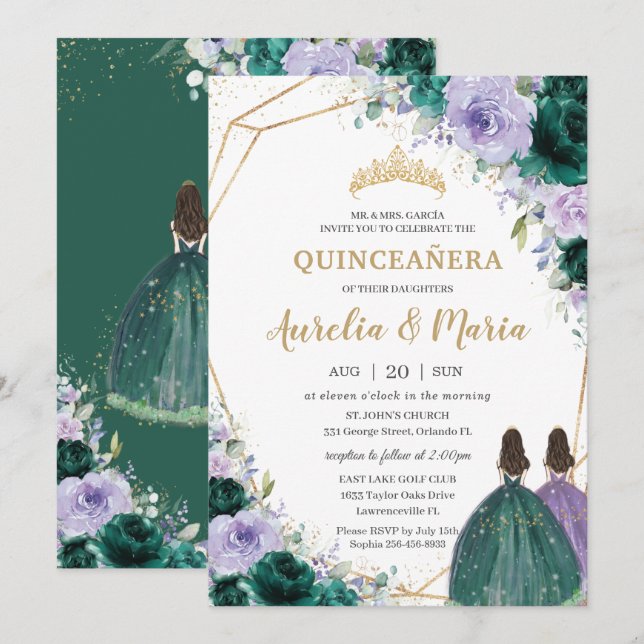 Invitación Quinceañera Emerald Green Purple Floral Twins (Anverso / Reverso)