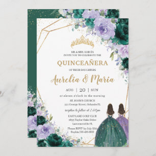 Invitación Quinceañera Emerald Green Purple Floral Twins