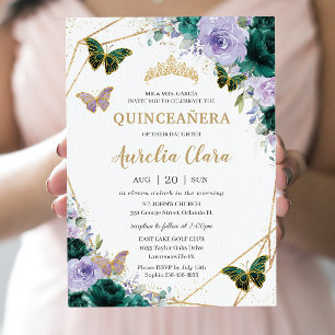Invitación Quinceañera Emerald Green Purple Lilac Floral