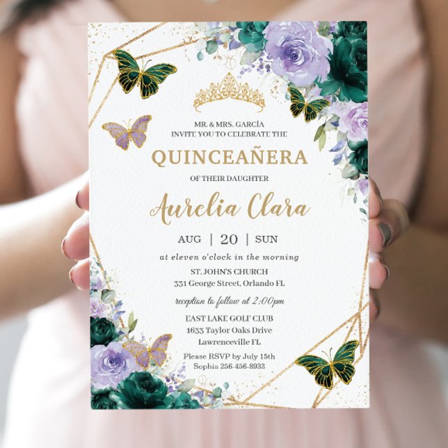 Invitación Quinceañera Emerald Green Purple Lilac Floral (Subido por el creador)