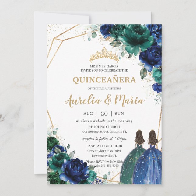 Invitación Quinceañera Emerald Green Royal Floral Twins (Anverso)