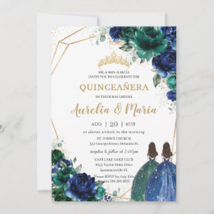 Invitación Quinceañera Emerald Green Royal Floral Twins
