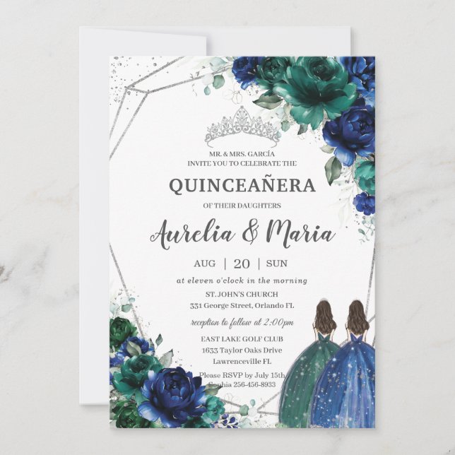 Invitación Quinceañera Emerald Green Royal Floral Twins (Anverso)