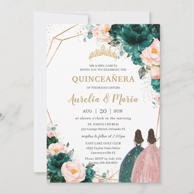 Invitación Quinceañera Emerald Green Rubor Floral Twins (Anverso)
