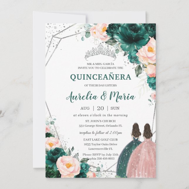 Invitación Quinceañera Emerald Green Rubor Floral Twins (Anverso)