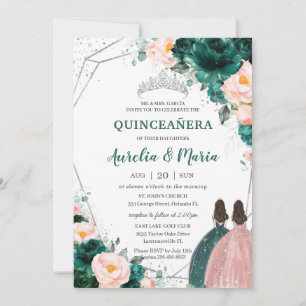 Invitación Quinceañera Emerald Green Rubor Floral Twins
