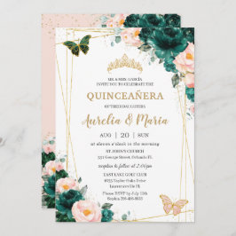 Invitación Quinceañera Emerald Green Rubor Floral Twins
