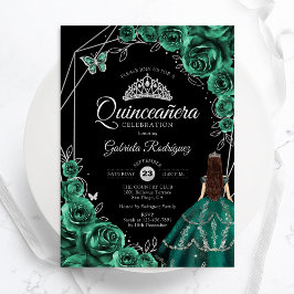 Invitación Quinceanera Emerald Green Silver Dress Floral