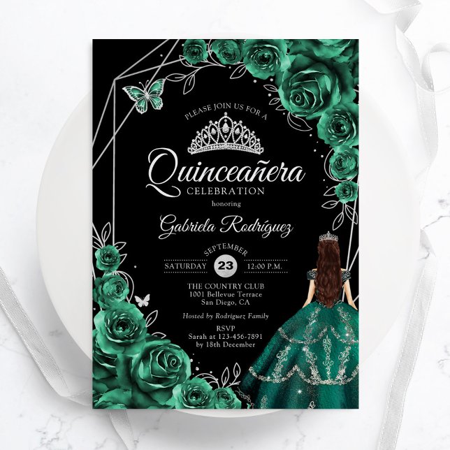 Invitación Quinceanera Emerald Green Silver Dress Floral (Subido por el creador)