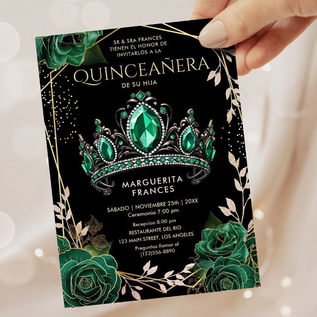 Invitación Quinceañera Emerald Green Tiara Floral Español (Subido por el creador)